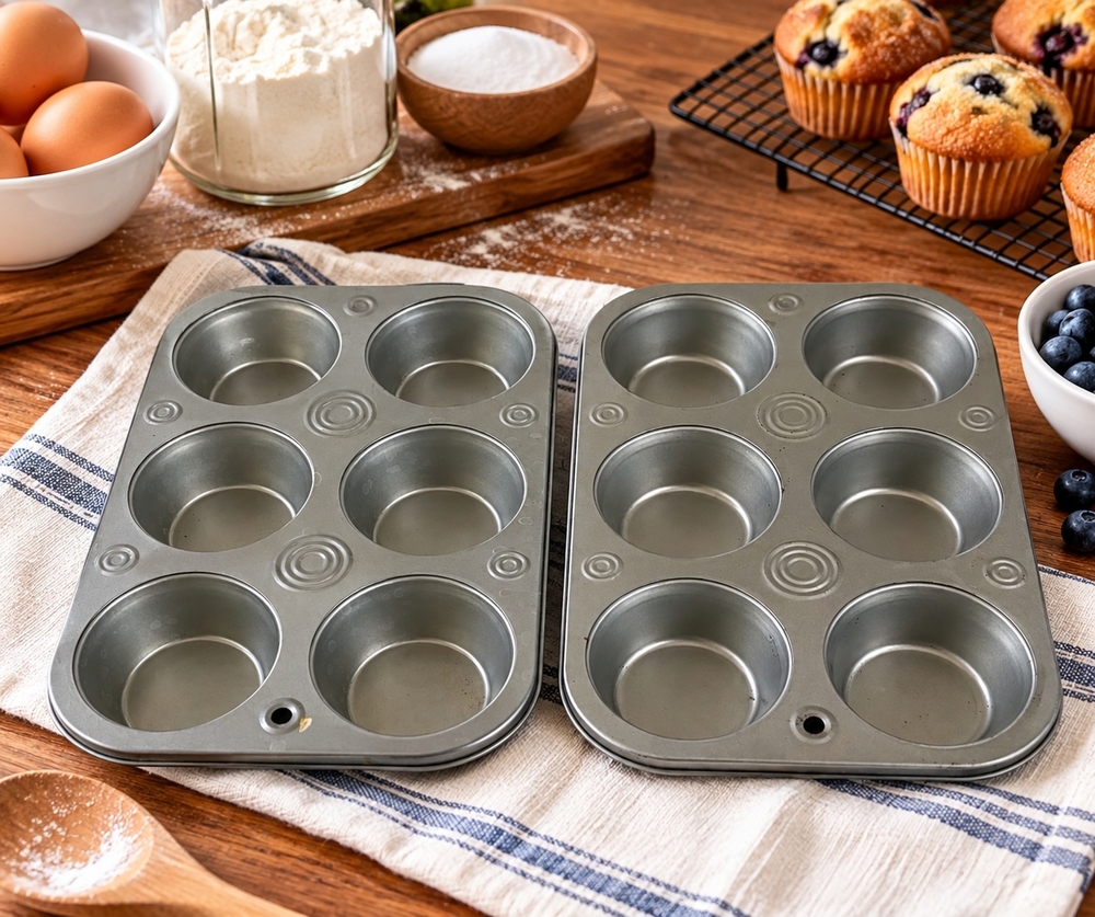 Vintage Set of 2 Metal 6-Cup Muffin Cupcake Baking Pans 10x7" Minor Rust